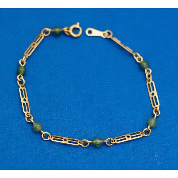 7 inch, Vintage Gold Tone Green Beads Chain Link Bracelet by Avon - D11 - Picture 1 of 3